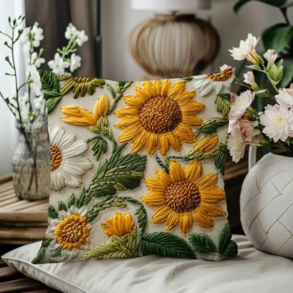 Vintage Sunflower Throw Pillow Cover – Polyester, 17.72 × 17.72 in (45 × 45 cm), Cover Only