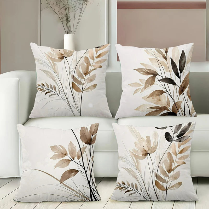 Neutral Botanical Floral Leaf Polyester Pillow Cover – 4 Designs, 4 Sizes