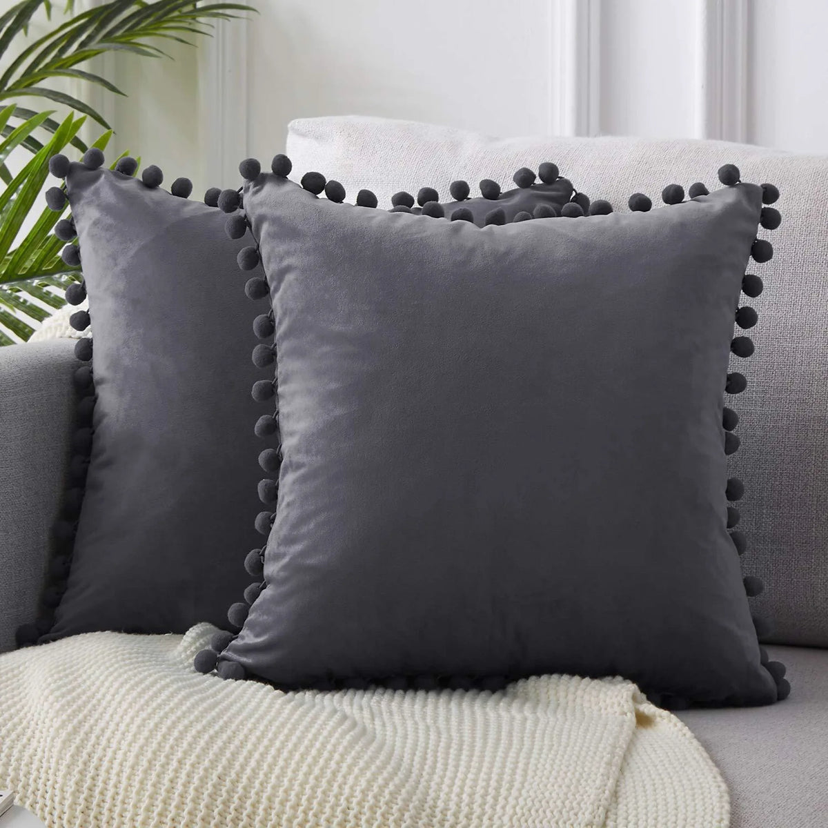 Neutral Cream and Gray Velvet Pom-Pom Throw Pillow Cover, 15.75–19.69 in, Cover Only