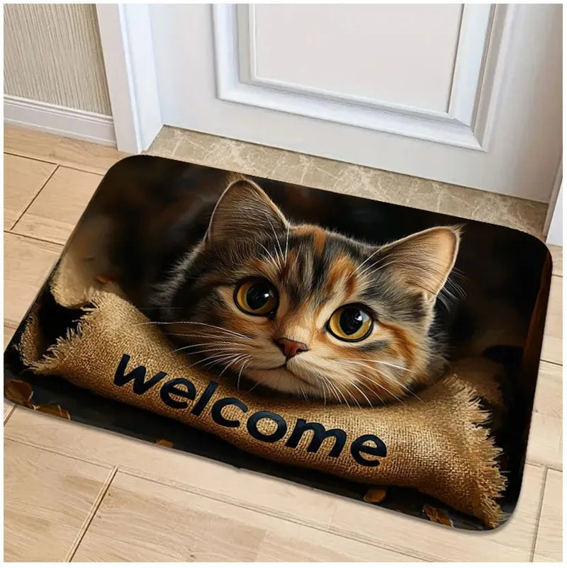 Cute Cat Welcome Doormat – Non-Slip Washable Flannel Mat for Kitchen, Bathroom & Entryway