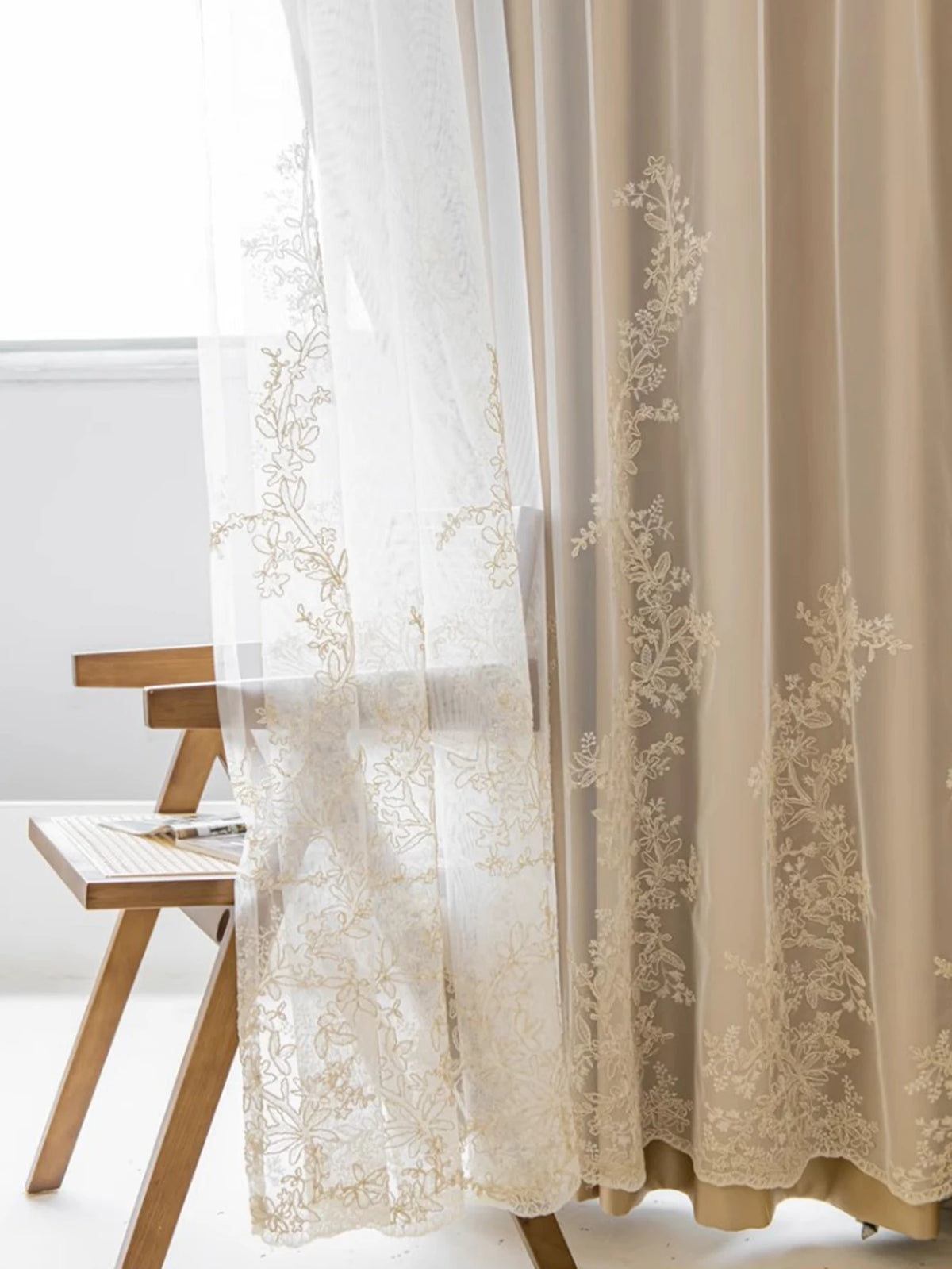 Beige Floral-Embroidered Double-Layer Semi-Light Blocking Curtain Panel – 4 Hanging Styles