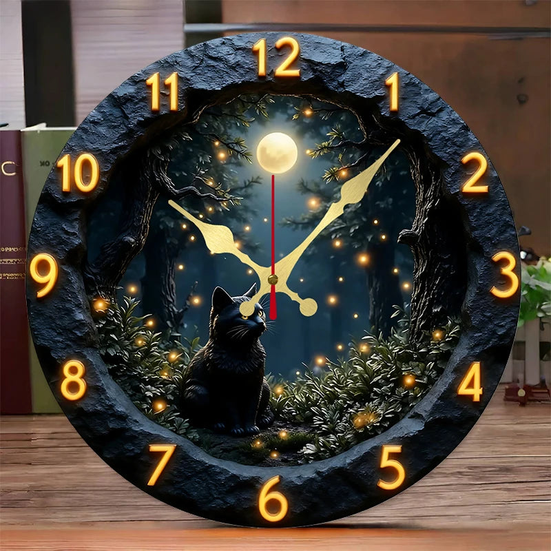Moonlit Black Cat Silent Wall Clock – 10-Inch Round Wooden Home Decor