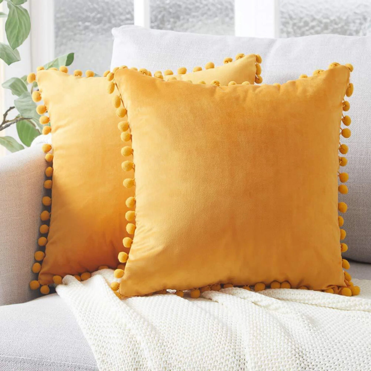 Yellow or Orange Velvet Pom-Pom Throw Pillow Cover, 15.75–19.69 in, Cover Only