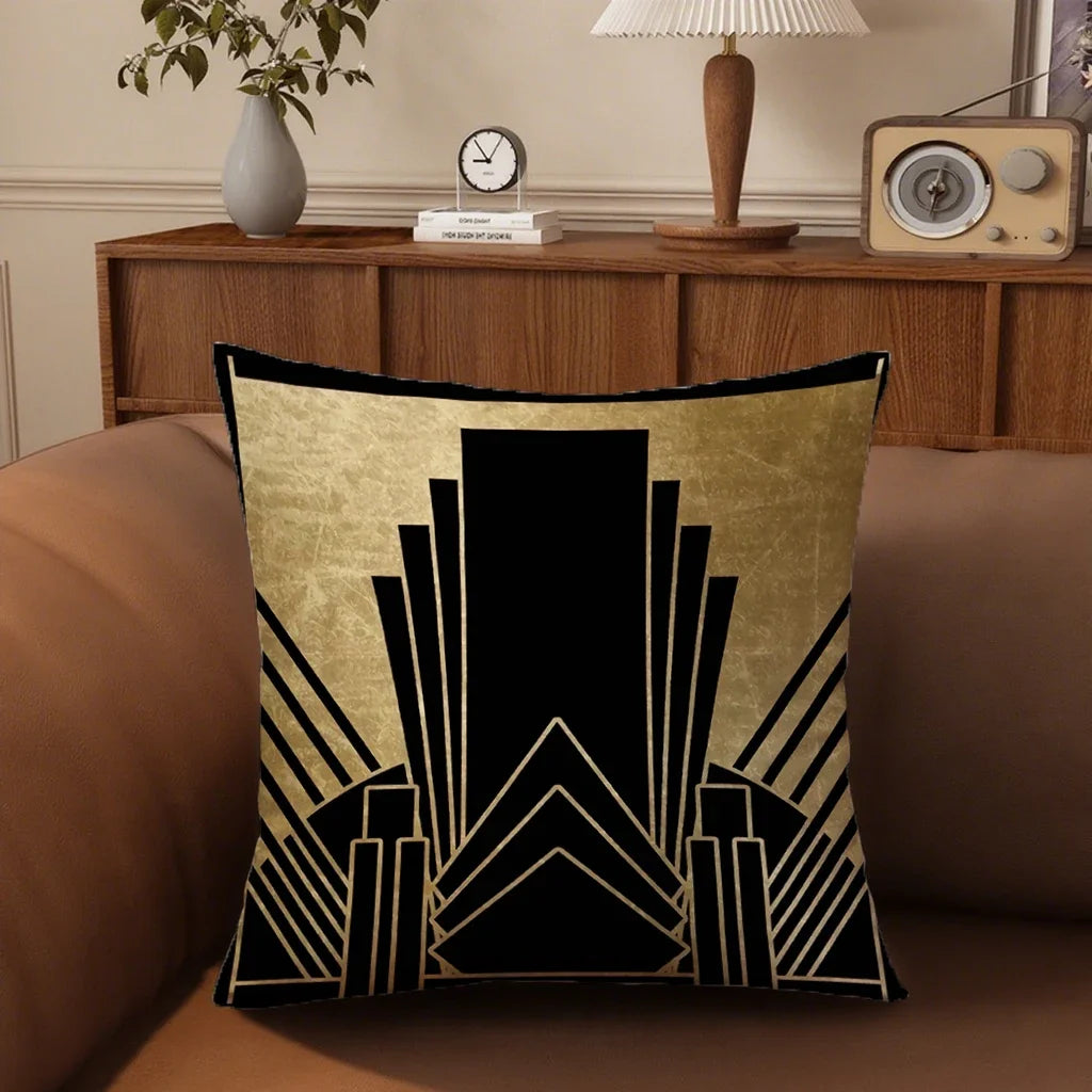 Art Deco Gold-Pattern Polyester Peachskin Pillow Cover – Designs 1–2, 4 Sizes