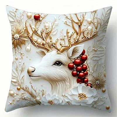 White Reindeer Christmas Pillow Cover – Floral Polyester Peachskin Print, 1 Piece