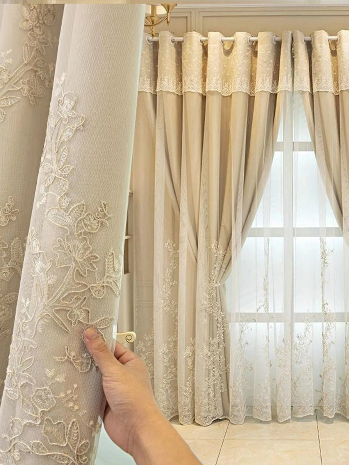 Beige Floral-Embroidered Double-Layer Semi-Light Blocking Curtain Panel – 4 Hanging Styles