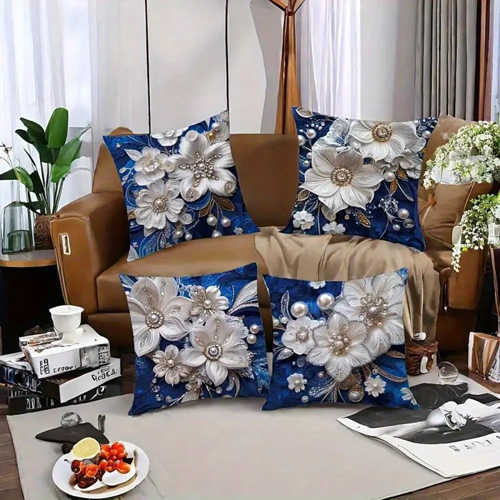 Blue Floral Jewel-Effect Printed Pillow Cover – Design 3, 4 Sizes