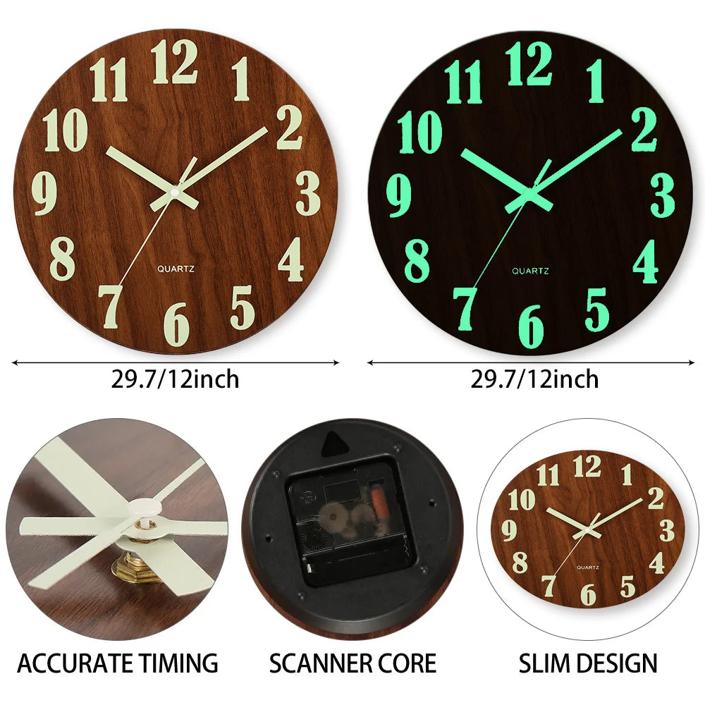 12'' Luminous Wall Clock, Silent Non-Ticking Wooden Clock with Glow-in-the-Dark Numbers, Nordic Style Night Light Wall Clock