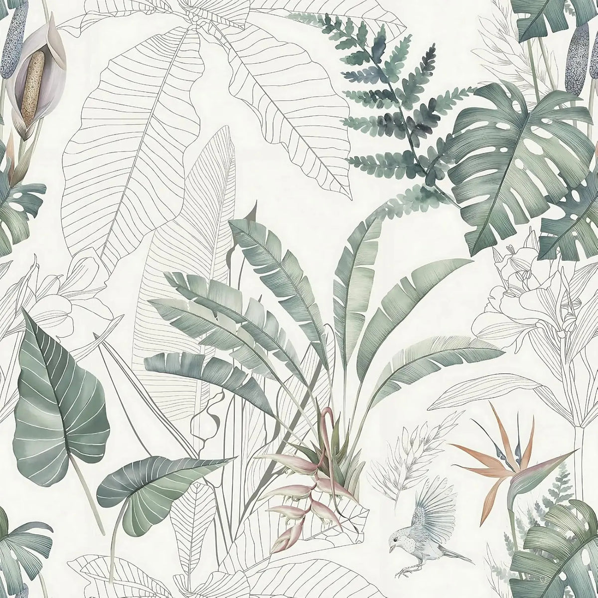 Light Green & Olive Tropical Palm Leaf Peel-and-Stick Wallpaper – Waterproof Removable PVC Vinyl