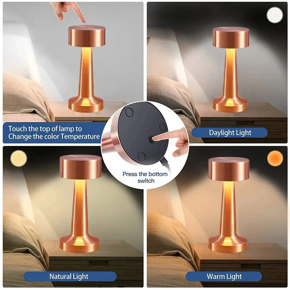 USB Rechargeable LED Table Lamp – Wireless Touch Control, 3 Color Dimmable Bedside Mood Light for Home