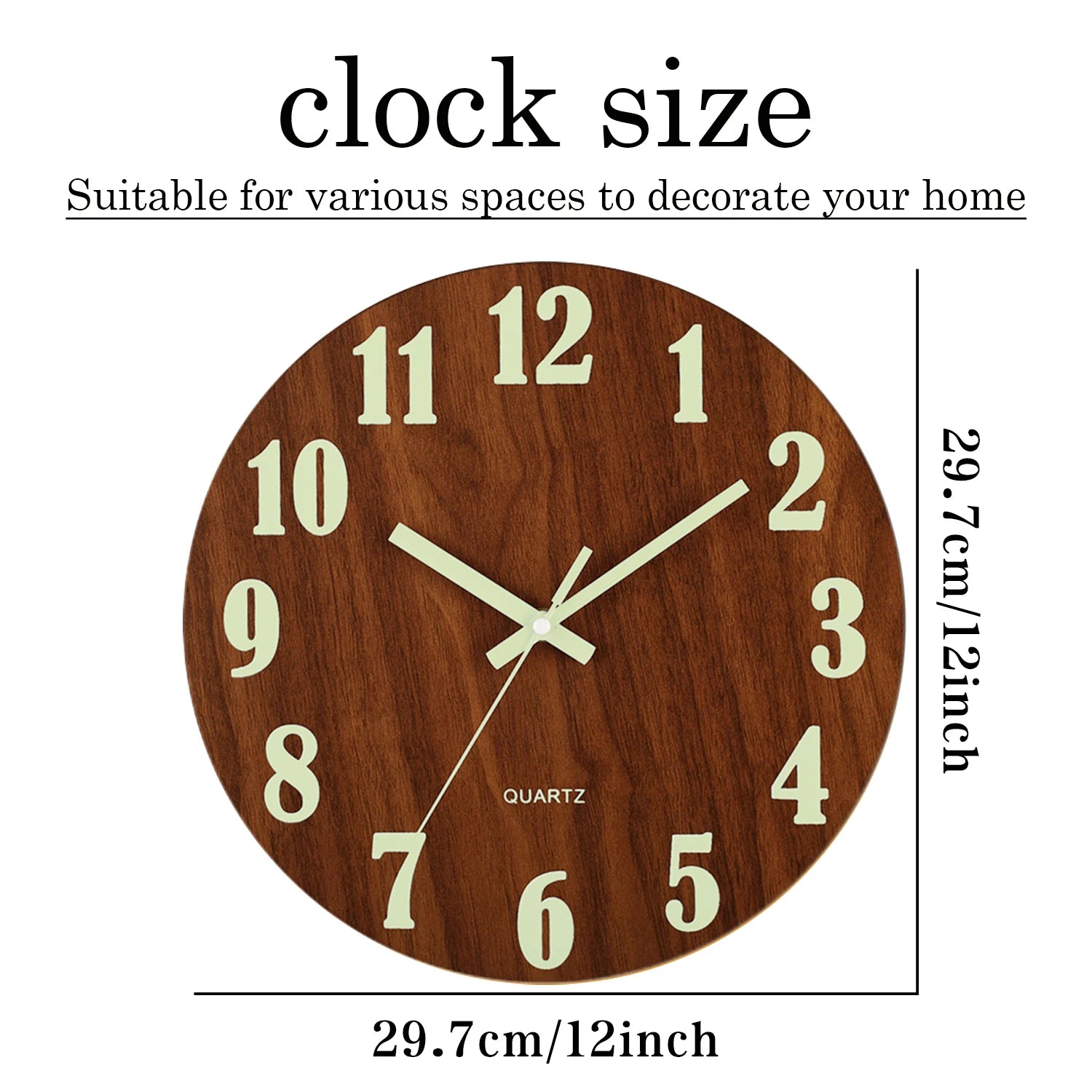 12'' Luminous Wall Clock, Silent Non-Ticking Wooden Clock with Glow-in-the-Dark Numbers, Nordic Style Night Light Wall Clock