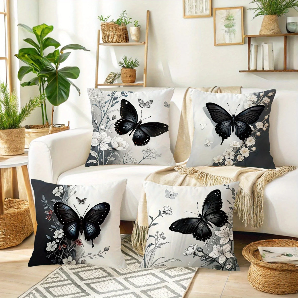 Black Butterfly Floral Pillow Cover Set – 4-Piece Polyester Set, 50–60 cm