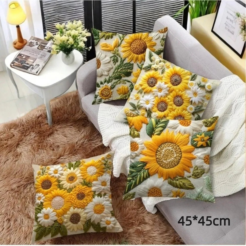 Vintage Sunflower Throw Pillow Cover – Polyester, 17.72 × 17.72 in (45 × 45 cm), Cover Only