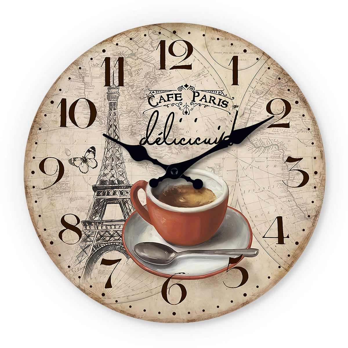 Paris Eiffel Tower Coffee Cup Silent Wall Clock – Wooden Quartz Decor, 10, 12 or 16 Inch