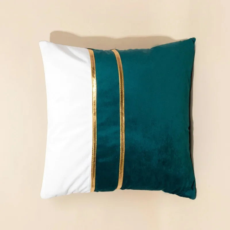 Blue and Green Color-Block Velvet Pillow Cover with Gold-Tone Stripes, Square or Lumbar