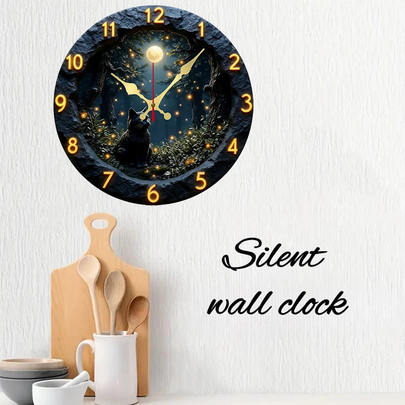 Moonlit Black Cat Silent Wall Clock – 10-Inch Round Wooden Home Decor