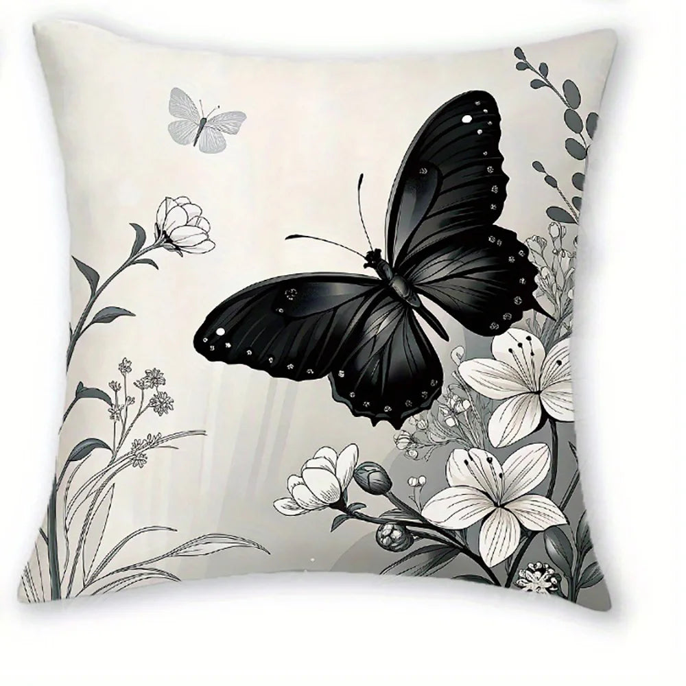 Black Butterfly Floral Polyester Pillow Covers – 4 Designs, 50–60 cm