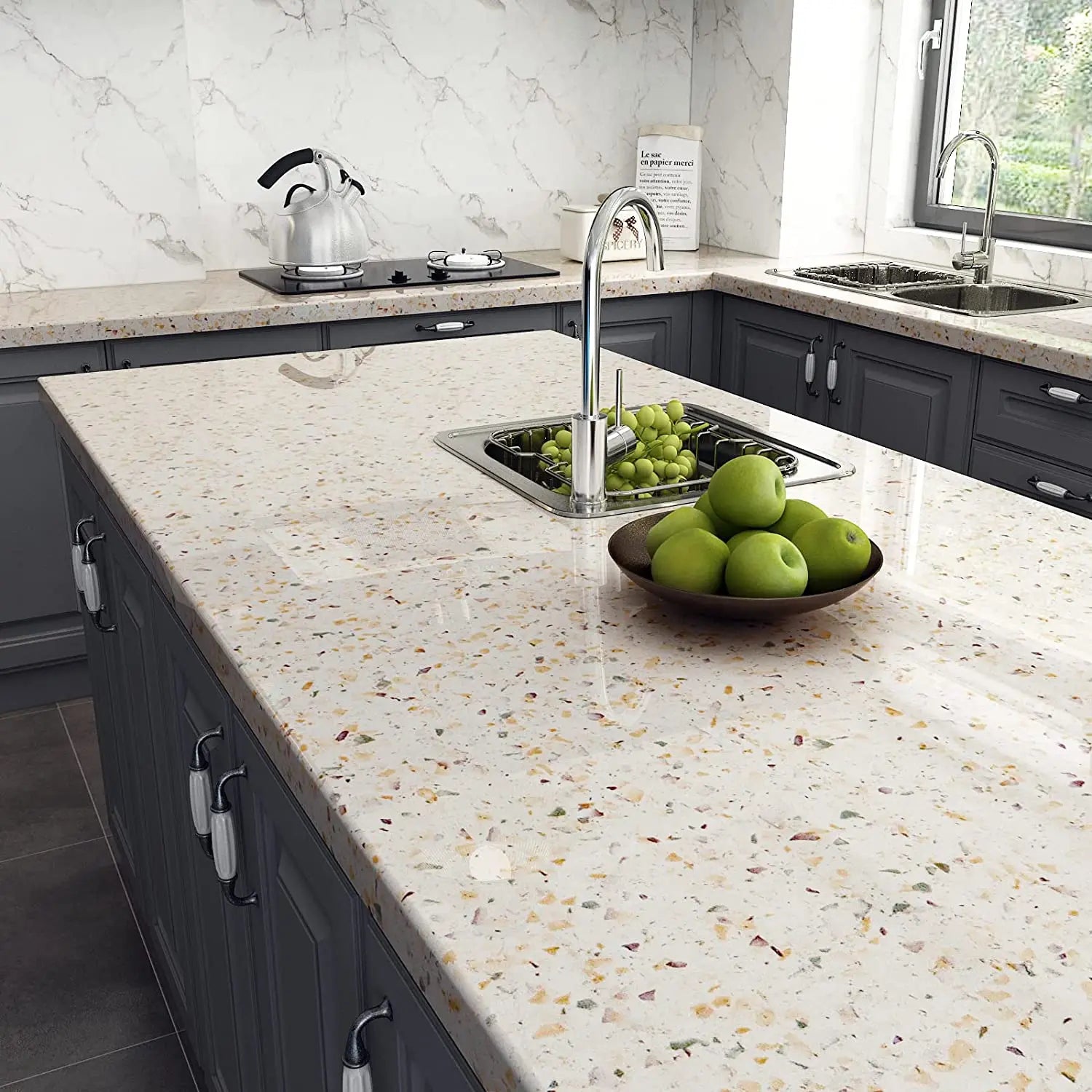 Waterproof White Terrazzo Granite Peel and Stick Wallpaper – Oil-Proof, High Temperature Resistant Self-Adhesive Vinyl Contact Paper