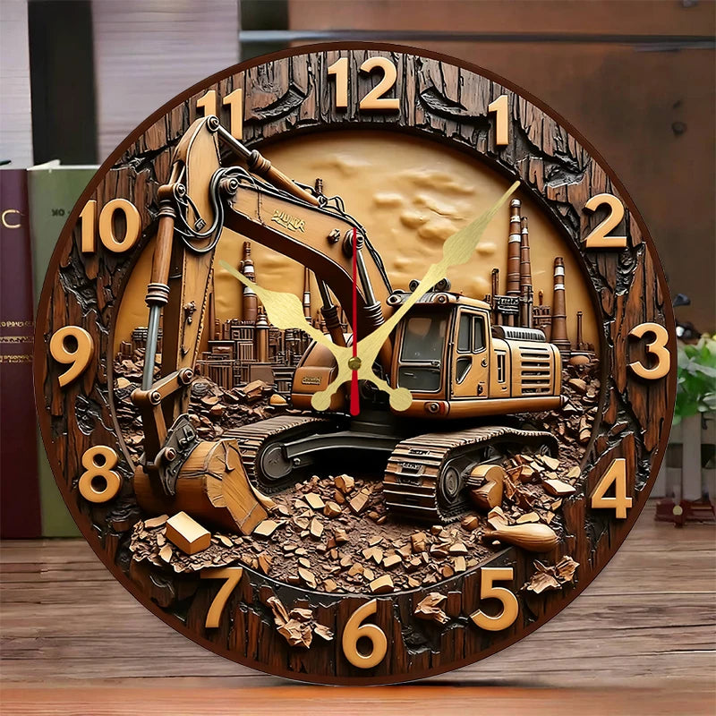 Excavator Silent Wall Clock – 10-Inch Round Wooden Industrial Construction Decor