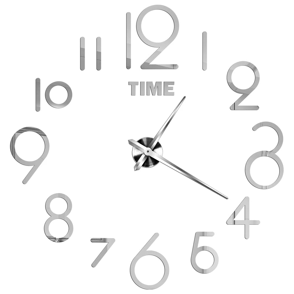 Large Silver Acrylic Mirror DIY Wall Clock – Five Designs, Adjustable Diameter