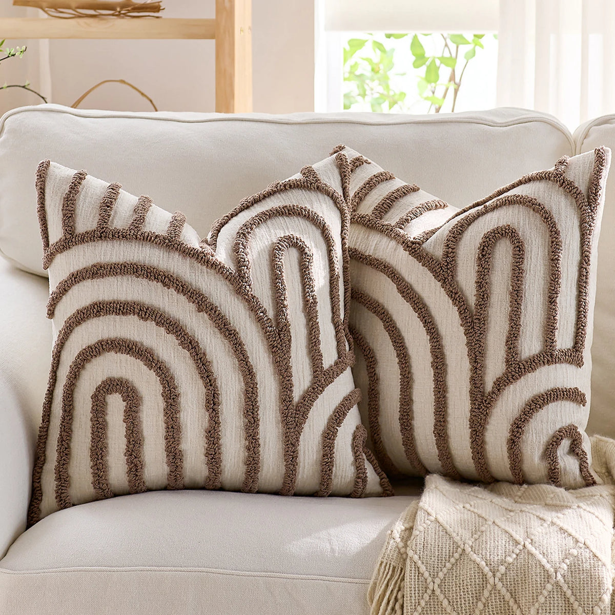 Light Brown Geometric Embroidered Polyester Pillow Covers – 17.72 in (45 cm) Square, Set of 2