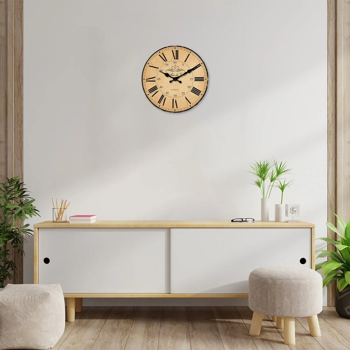 Vintage Tan Roman Numeral Wall Clock – Silent Quartz, Four Sizes