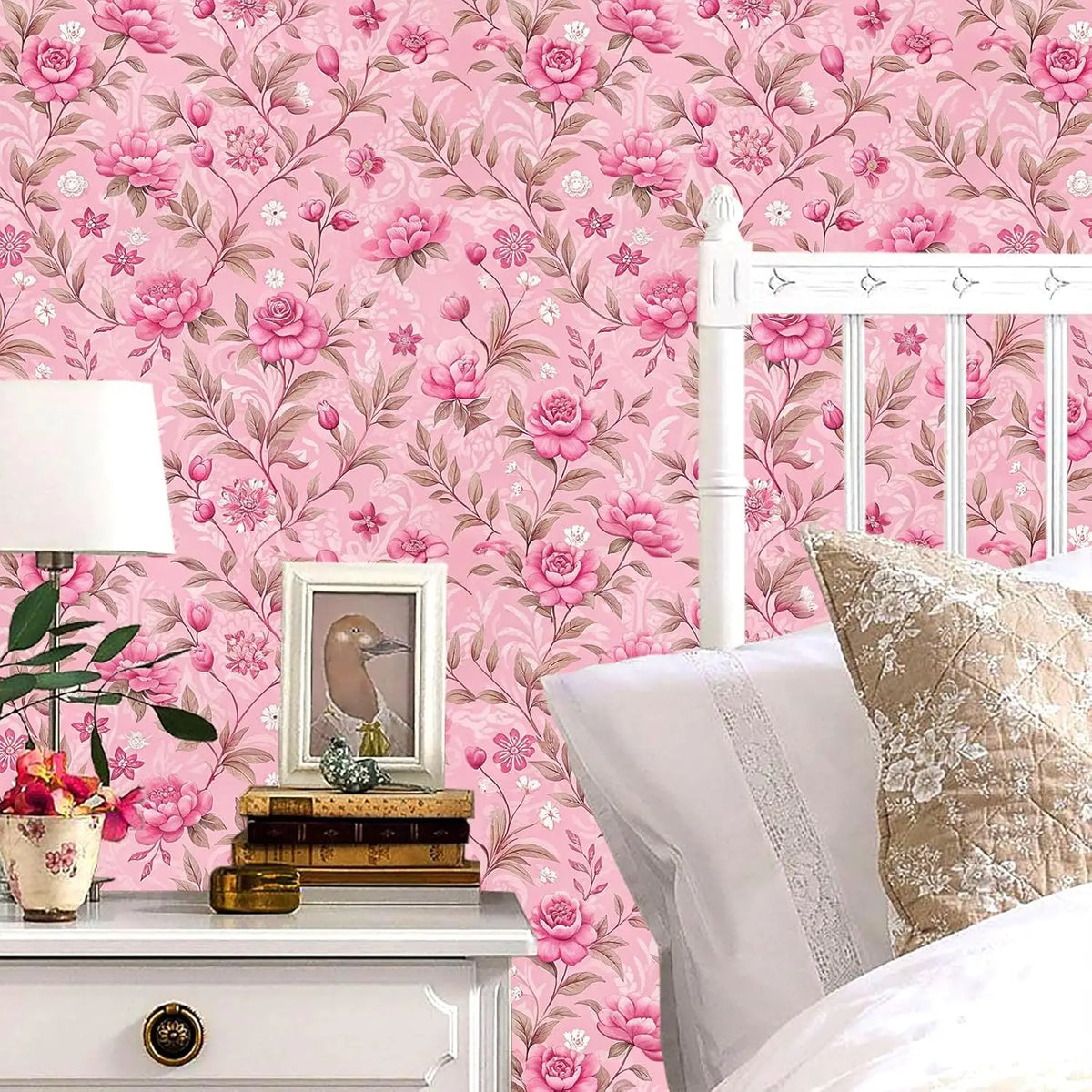 Pink Floral Peel-and-Stick Wallpaper – Waterproof Removable Extra-Thick PVC Vinyl