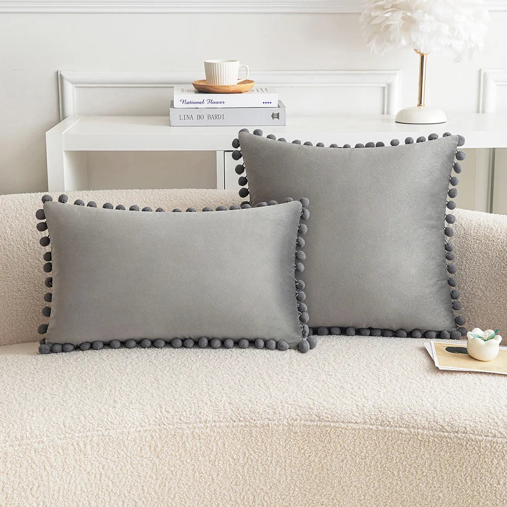 *Purple, Black & Gray Pompom Polyester Velvet Pillow Cover – 17.72 or 19.69 in Square / 11.81 × 19.69 in Lumbar (45 × 45, 50 × 50 or 30 × 50 cm), 1 Piece