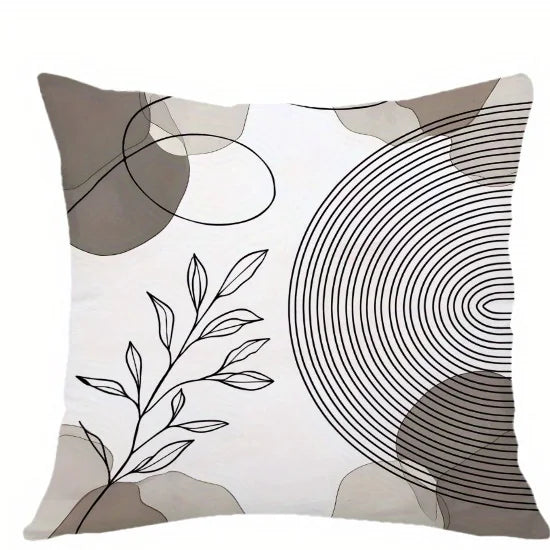 Black Leaf & Circle Polyester Twill Pillow Cover – Designs 3–4, 4 Sizes