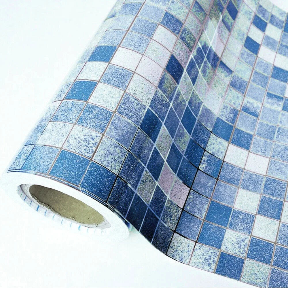 Blue Mosaic Waterproof PVC Peel-and-Stick Wallpaper – Removable, Moisture-Proof & Dustproof