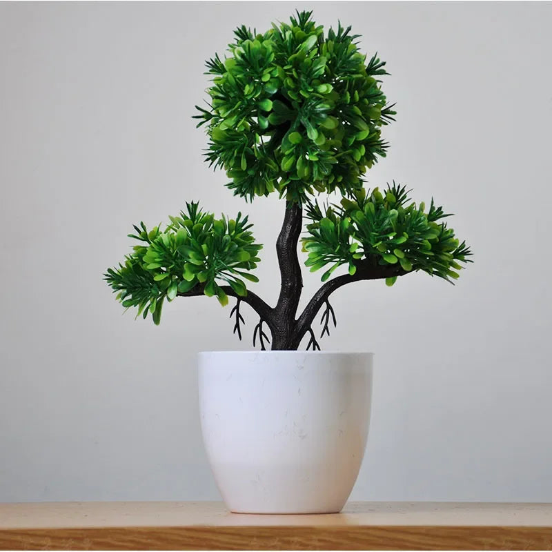 Small Artificial Bonsai Potted Plant – Green Faux Tree Ornament for Home, Garden & Hotel Decor