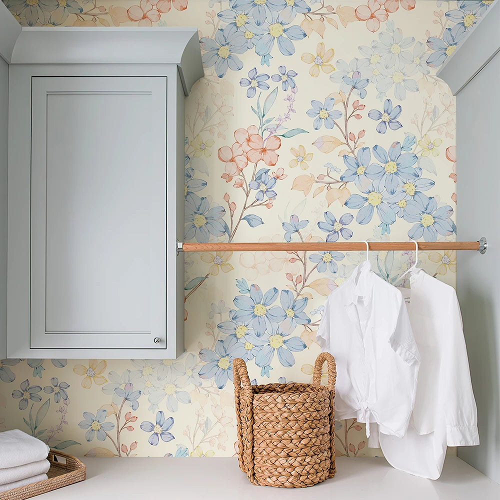 Light Blue Floral Waterproof PVC Peel-and-Stick Wallpaper for Walls & Cabinets