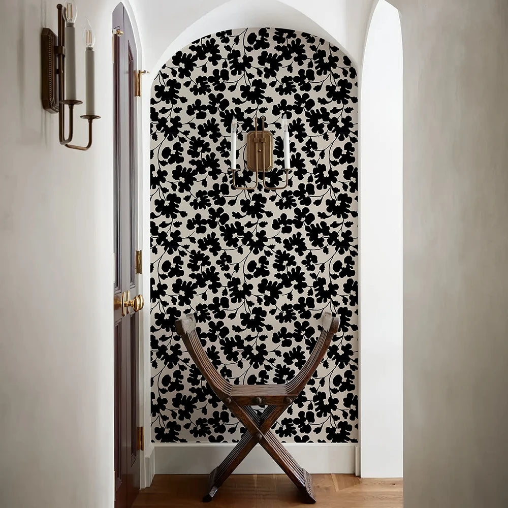Retro Black & White Leaf Waterproof PVC Peel-and-Stick Wallpaper – Moisture- & Mould-Resistant for Walls, Cabinets & Furniture