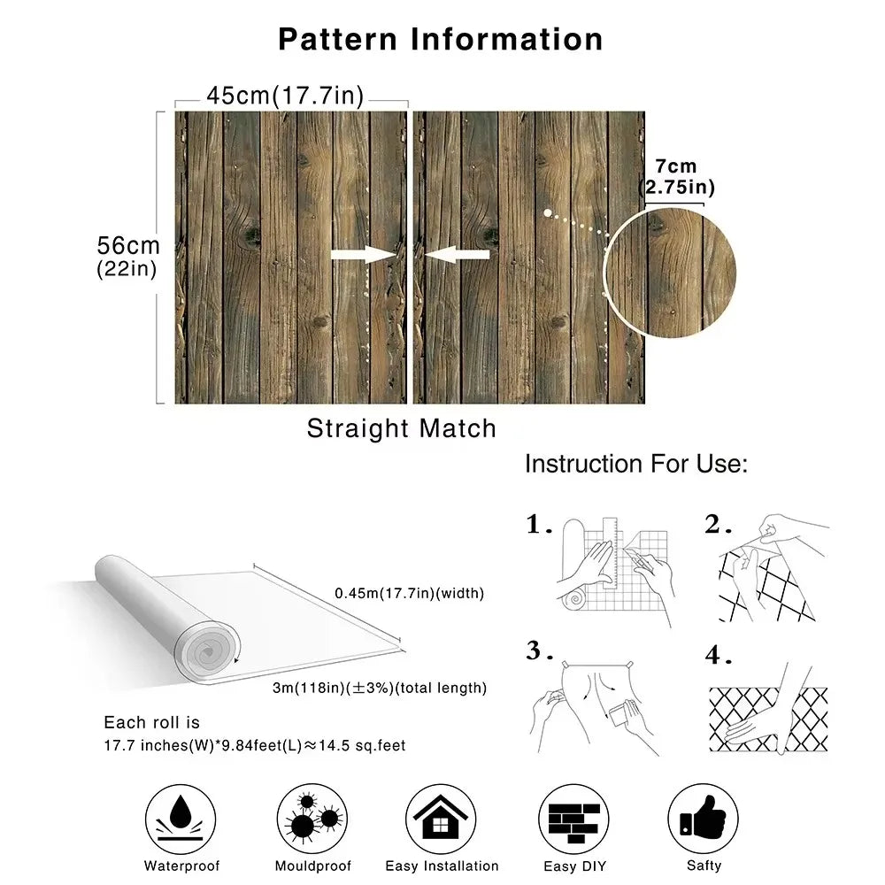 45cm Retro Faux Wood Grain Peel and Stick Wallpaper – Self-Adhesive PVC Vinyl Wall Covering