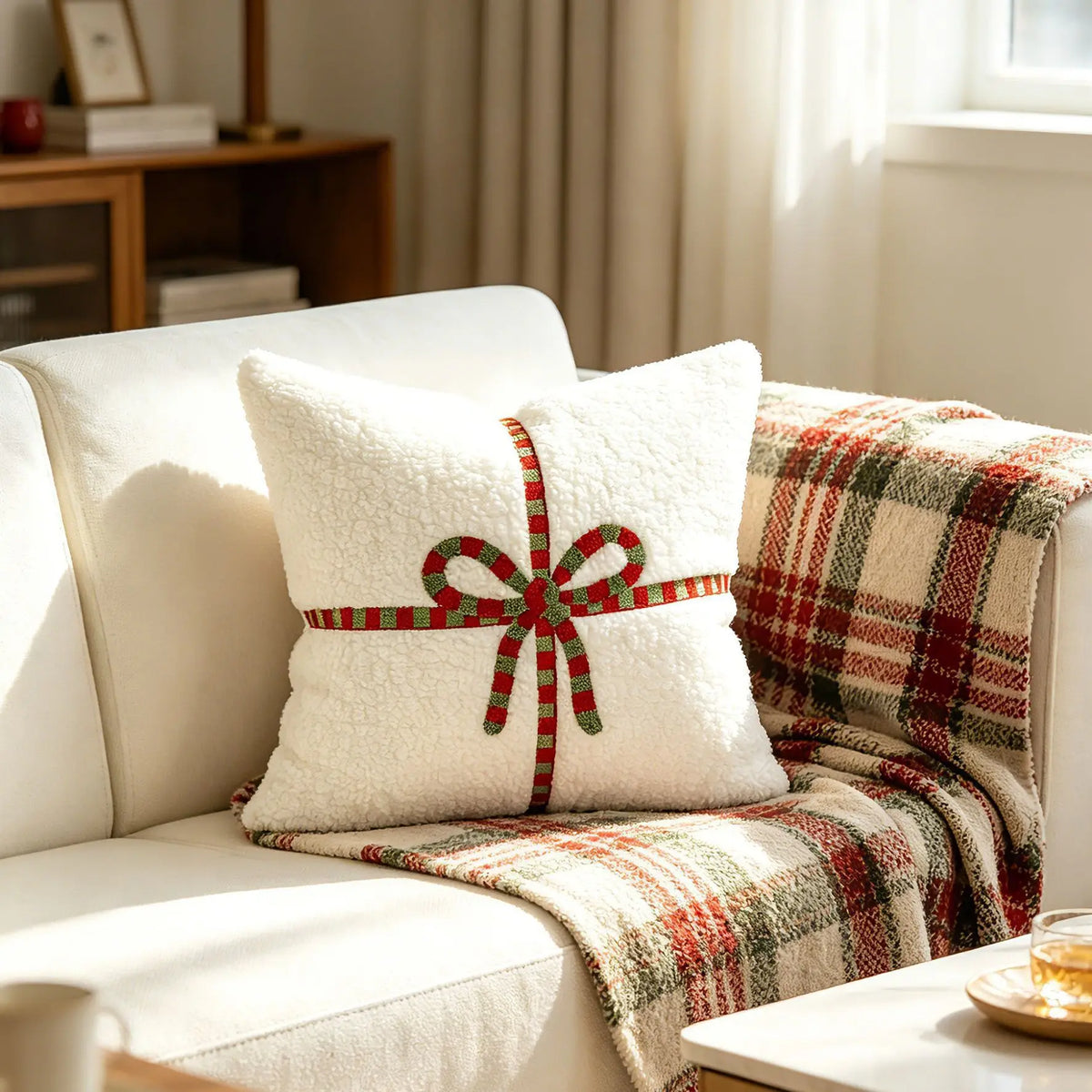 White Plush Gift-Bow Christmas Pillow Cover – Embroidered Polyester, 17.72 in, 1 Piece