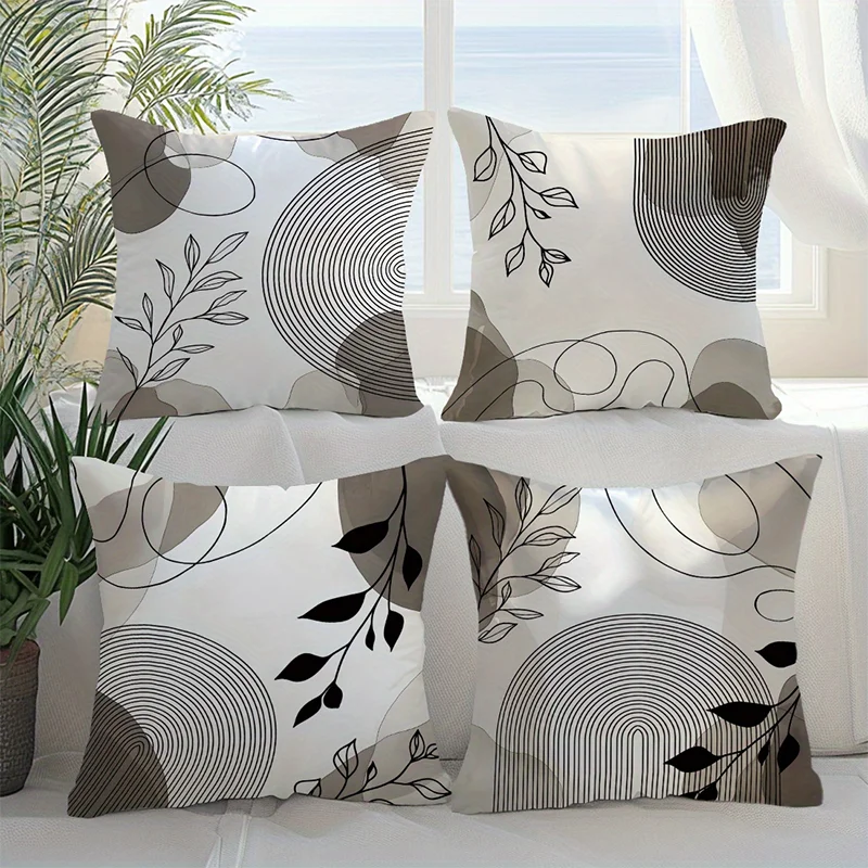 Black Leaf & Circle Polyester Twill Pillow Cover – Designs 1–2, 4 Sizes