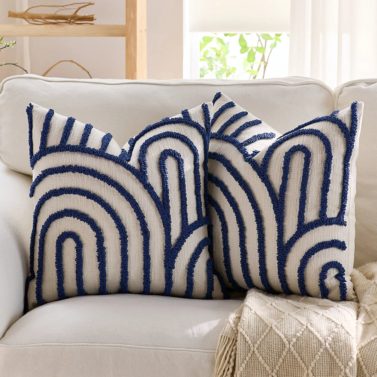 Blue Geometric Embroidered Polyester Pillow Covers – 17.72 in (45 cm) Square, Set of 2