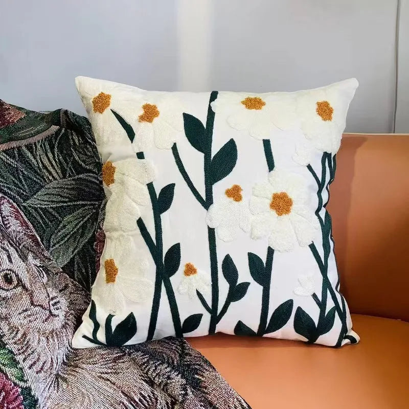 Green Meadow Stems Embroidered Polyester/Cotton Pillow Cover – 17.72 × 17.72 in (45 × 45 cm)