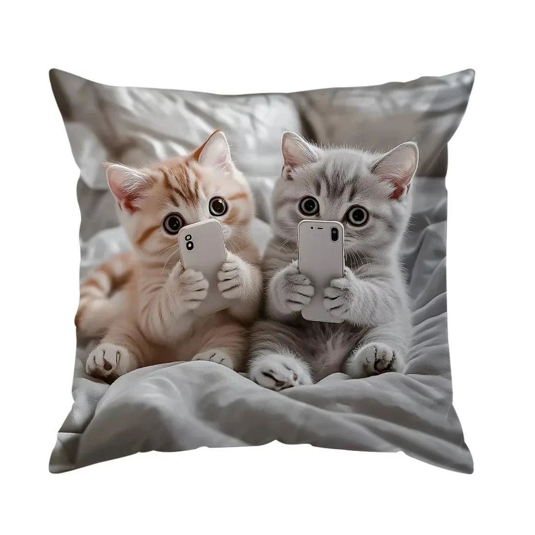 Smartphone Kitten Throw Pillow Cover – Curious Cat Pair Designs, Polyester, 15.75–23.62 in Square