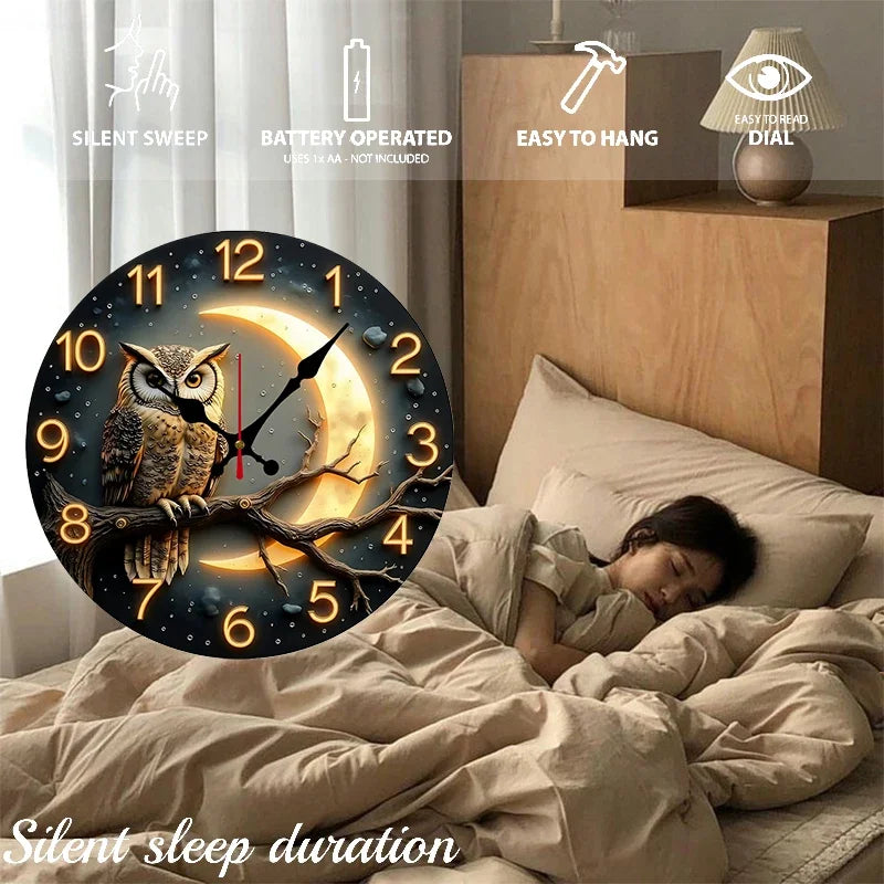 Moonlight Owl Silent Wall Clock – Round Wood or Acrylic Quartz Decor, 2 Designs