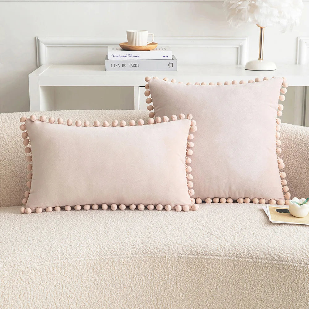 *Pink, Rose & Wine Pompom Polyester Velvet Pillow Cover – 17.72 or 19.69 in Square / 11.81 × 19.69 in Lumbar (45 × 45, 50 × 50 or 30 × 50 cm), 1 Piece