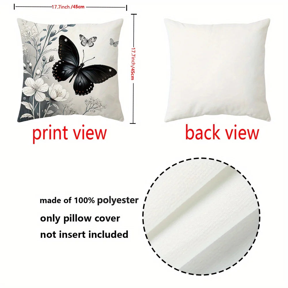 Black Butterfly Floral Pillow Cover Set – 4-Piece Polyester Set, 50–60 cm