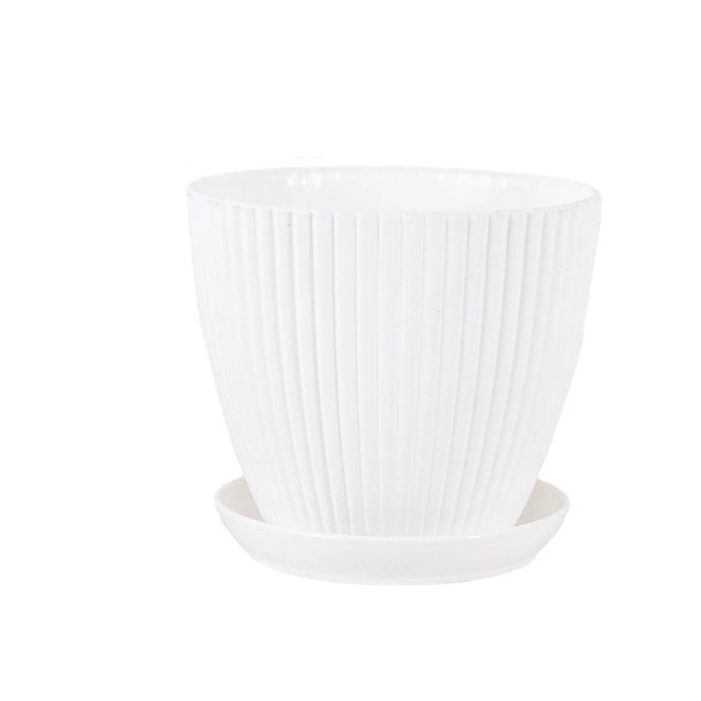 Round Plastic Planter with Tray – Modern Vertical Striped Flower Pot for Indoor & Outdoor Plants