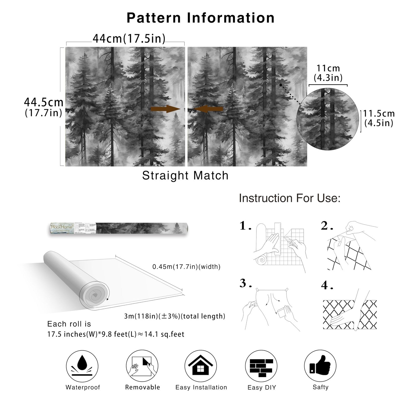 Black and White Forest Thick Vinyl Peel and Stick Wallpaper for Bathrooms and Bedrooms