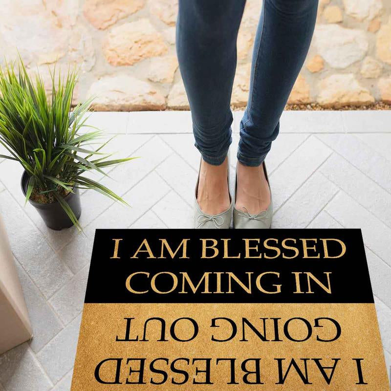 Funny Welcome Doormats Hello Doormat I AM Blessed Coming I AM Blessed Going Out Bless Doormat (23.7 in X 15.6 in) Fabric Top with a Anti-Slip Rubber Back for The Entrance Way Indoor Doormats