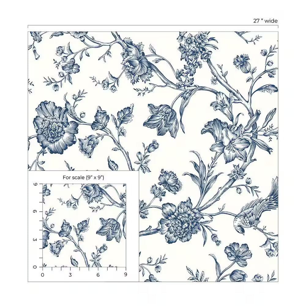 Navy Blue Jasmine Chinoiserie Vinyl Peel and Stick Wallpaper Roll 40.5 sq. ft. 
