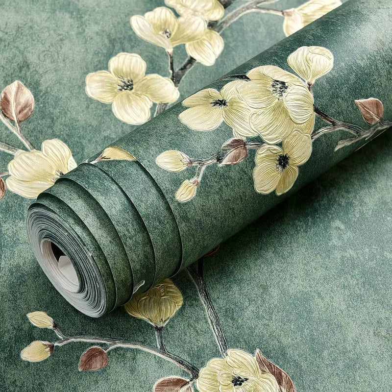 3D Green American Retro Rustic Vine Flower Non-Woven Peel and Stick Wallpaper
