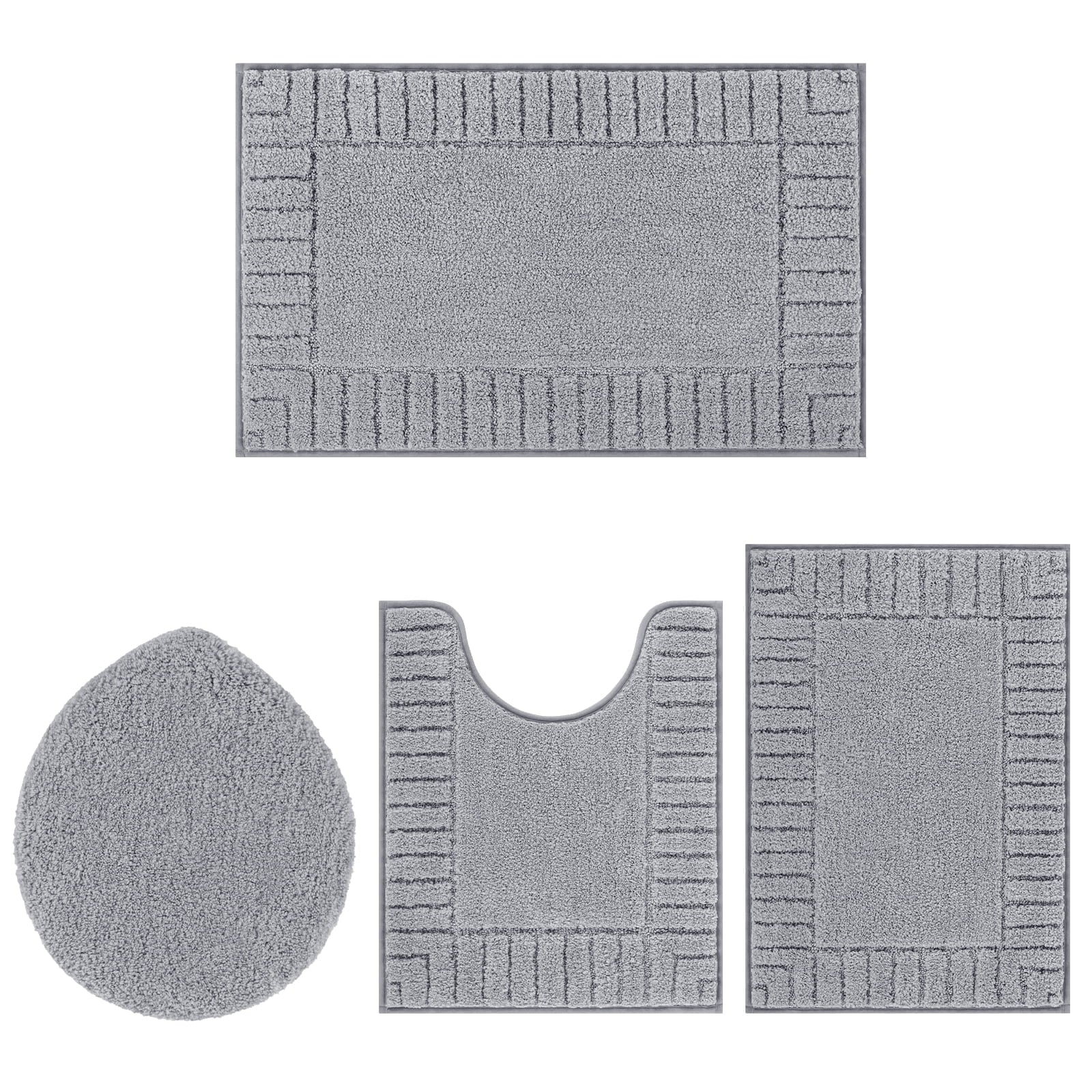Bathroom Rugs Set of 4 Piece, Bath Mats, Microfiber Non Slip Shaggy Ultra Soft Bathroom Runner with U Shaped Contour Toilet Mat for Bathroom, Shower Inside Floor, Gray