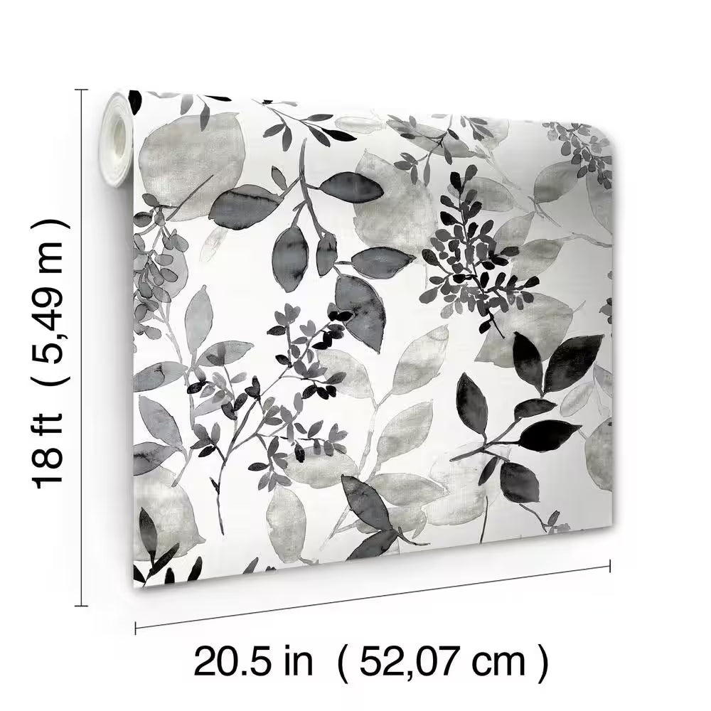 Black Breezy Floral Botanical Vinyl Peel and Stick Wallpaper Roll