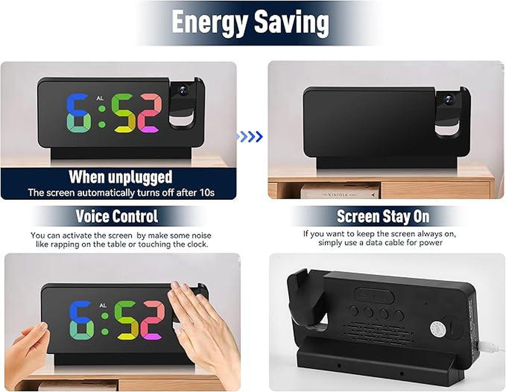LED Digital Alarm Clock with Time Projection, Temperature Display, Multi-Dimming, Snooze Function, 12/24H, Modern Digital Clock for Bedroom & Office